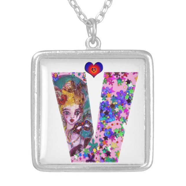 VALENTINE VENETIAN MASQUERADE MONOGRAM V LETTER SILVER PLATED NECKLACE (Front)