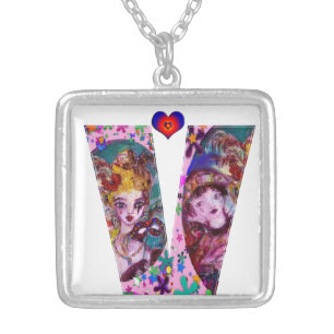 VALENTINE VENETIAN MASQUERADE MONOGRAM V LETTER SILVER PLATED NECKLACE