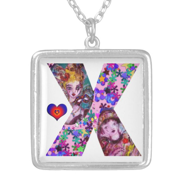 VALENTINE VENETIAN MASQUERADE MONOGRAM X LETTER SILVER PLATED NECKLACE (Front)