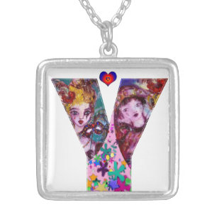 VALENTINE VENETIAN MASQUERADE MONOGRAM Y LETTER SILVER PLATED NECKLACE