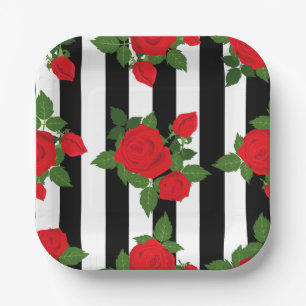 valentine vertical stripes red roses romantic paper plates