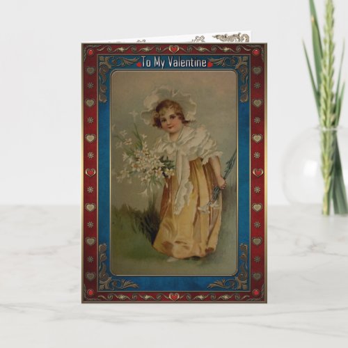 Valentine Vintage girl with a bouquet of flowers Holiday Card