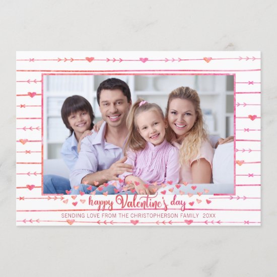 Valentine Watercolor Hearts and Arrows Photo Holiday Card