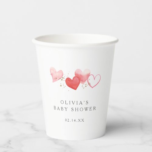 Valentine Watercolor Hearts Girl Baby Shower Paper Cups