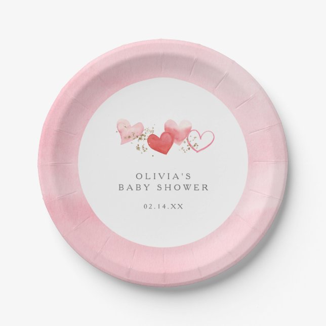 Valentine Watercolor Hearts Girl Baby Shower Paper Plates (Front)