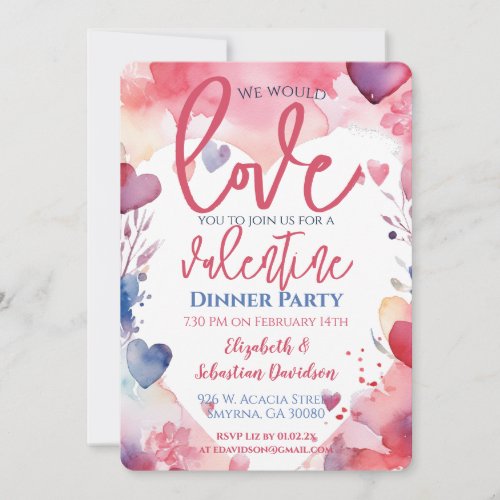 Valentine Watercolor Love Dinner Party Invitation