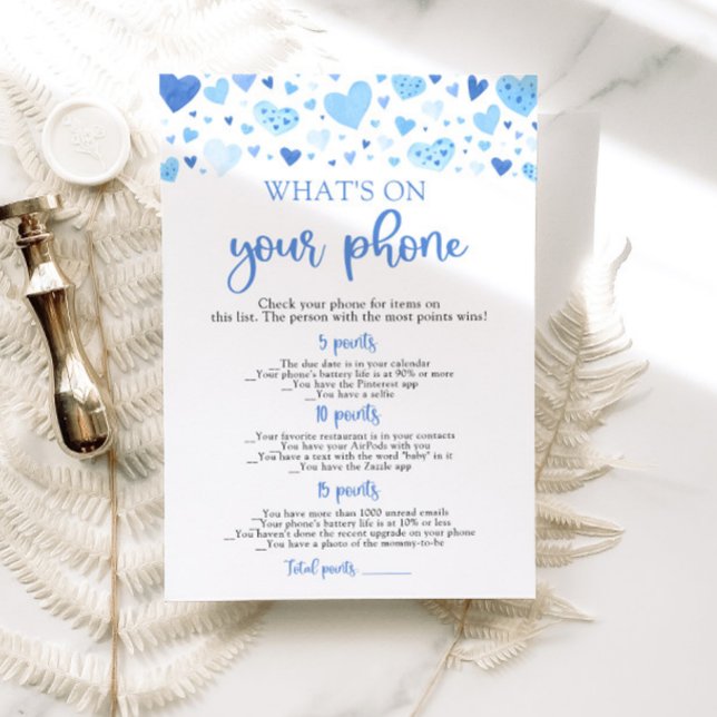 Valentine What's On Your Phone Baby Shower Game Invitation (Watercolor Cute Blue Hearts Valentine Sweetheart February Boy What's On Your Phone Baby Shower Game)