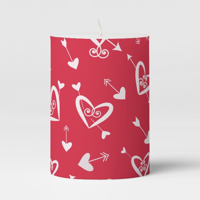 Valentine White Hearts With Arrows on Red  Pillar Candle (Front)