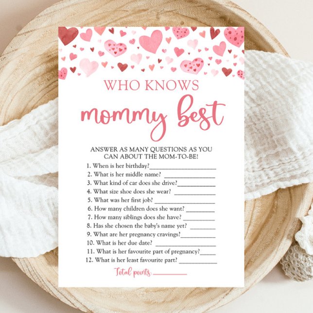Valentine Who Knows Mommy Best Baby Shower Game Invitation (Watercolor Cute Pink Red Hearts Valentine Sweetheart Baby Girl Who Knows Mommy Best Baby Shower Game)