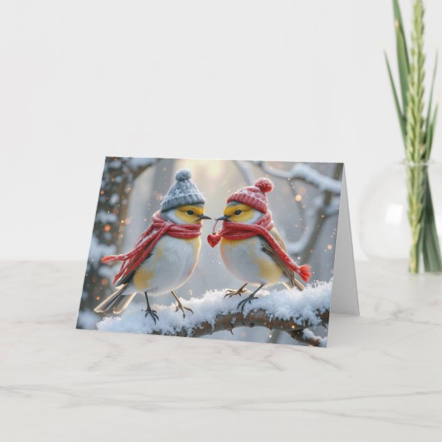 Valentine Winter Birds With Red Heart Card (Front)