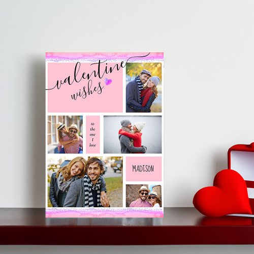 Valentine Wishes 5 Photo Collage Pink Valentines Holiday Card