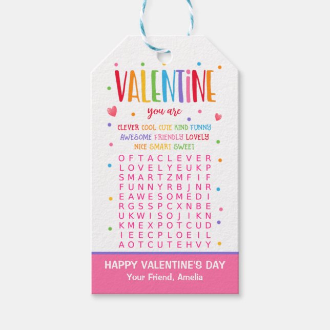 Valentine Word Search Activity School Classroom Gift Tags (Front)