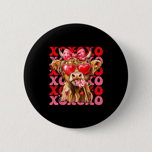 Valentine Xoxo Highland Cow Cute Coquette Bow West Button (Front)