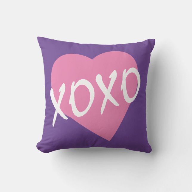 Valentine XOXO kisses hugs Pink Heart Purple Throw Pillow (Front)