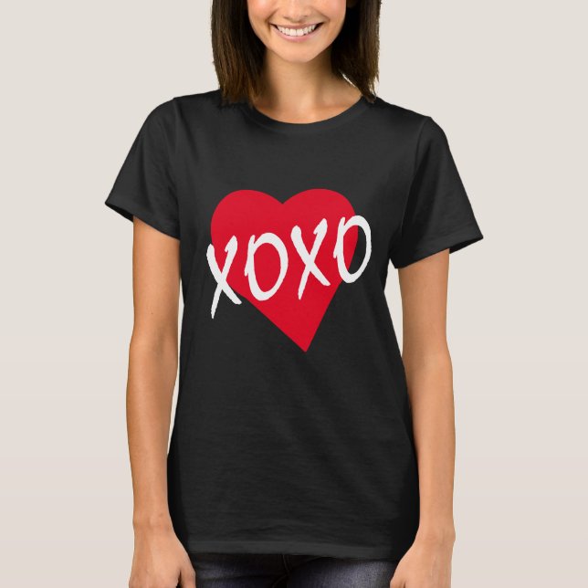Valentine XOXO Red Heart White Hugs Kisses Black T-Shirt (Front)