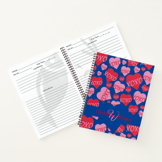 Valentine XOXO Red Pink Hearts Blue Recipe Notebook (Inside)
