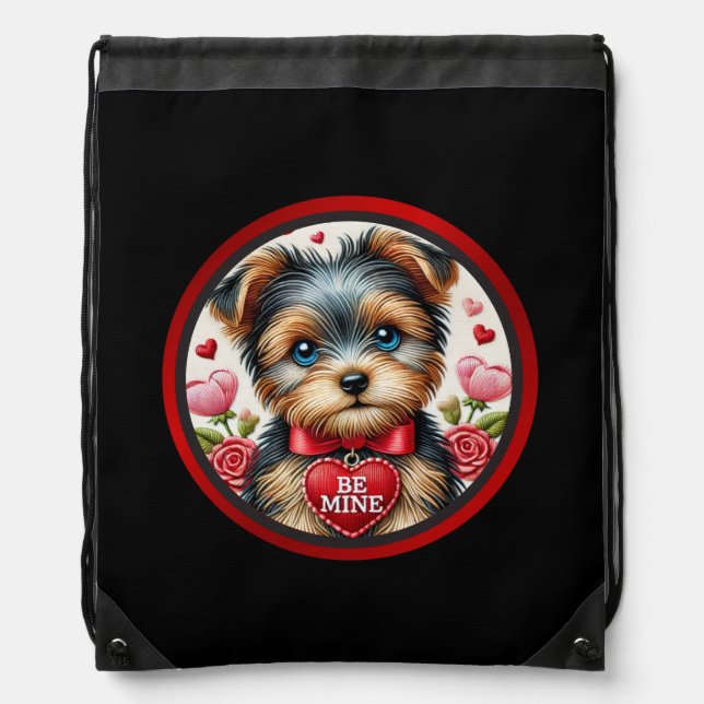 Valentine Yorkie Be Mine Drawstring Backpack (Front)