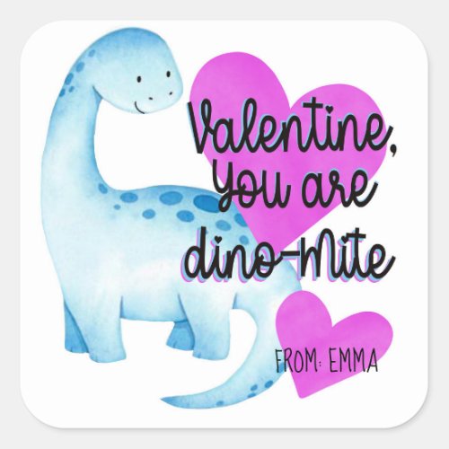 Valentine You are Dino_mite Blue Dinosaur hearts Square Sticker