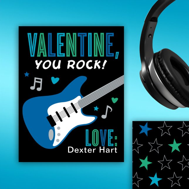 Valentine You Rock Blue Guitar Kids Valentines Day Note Card (Creator Uploaded)