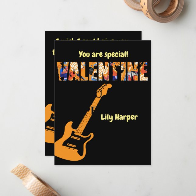 Valentine You Rock Red Guitar Kids Valentine's Day Note Card (Front/Back In Situ)