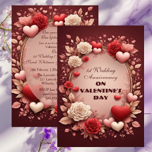 Valentines 1st Wedding Anniversary Burgundy Roses  Invitation
