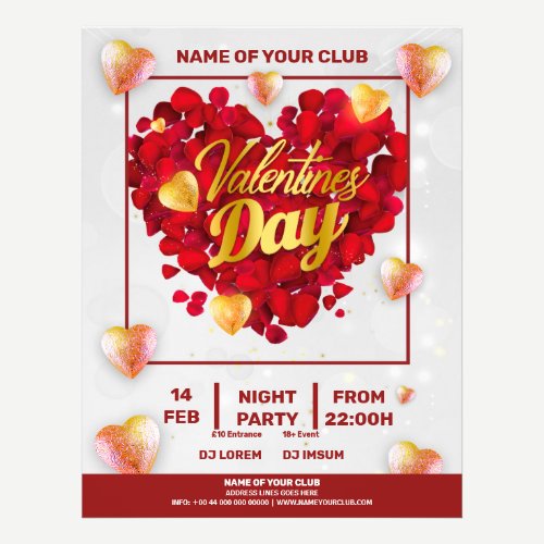 Valentines 3D Golden & Red Hearts Square Party Flyer