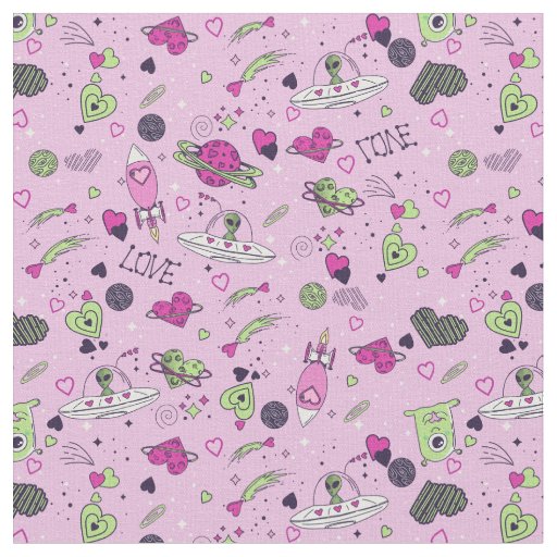 valentines alien love ufo spaceship pink fabric