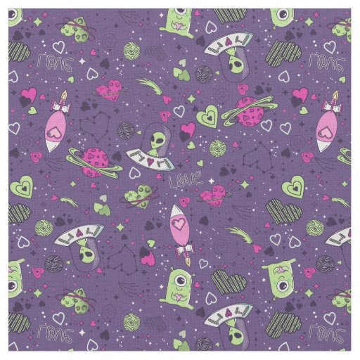 valentines alien love ufo spaceship purple fabric
