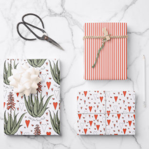 Valentines Aloe Plants Succulents Stripes Hearts Wrapping Paper Sheets
