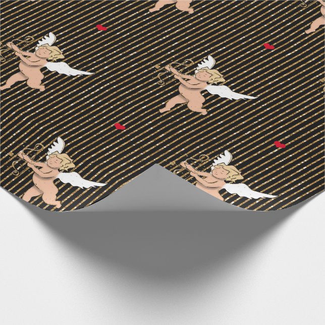 Valentine's angel on black glitter stripes_large wrapping paper (Corner)