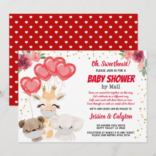 Valentine's Baby Shower By Mail Cute Animals Masks Invitation (Front/Back)