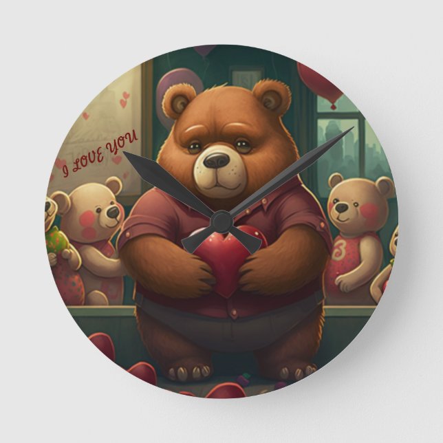 Valentine's bear cartoon custom    round clock (Front)
