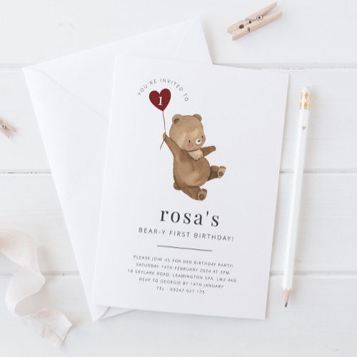 Valentines Bear First Birthday Invitation 