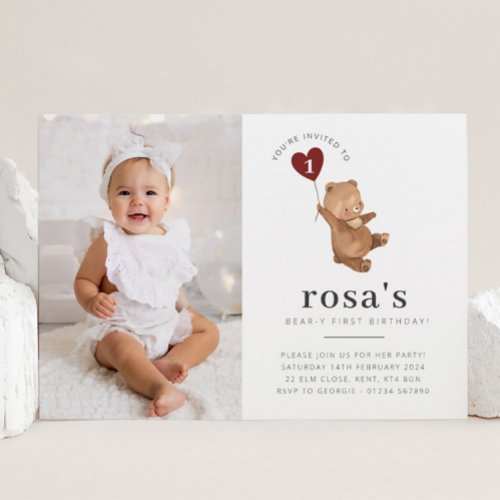 Valentines Bear Photo 1st Birthday Invitation