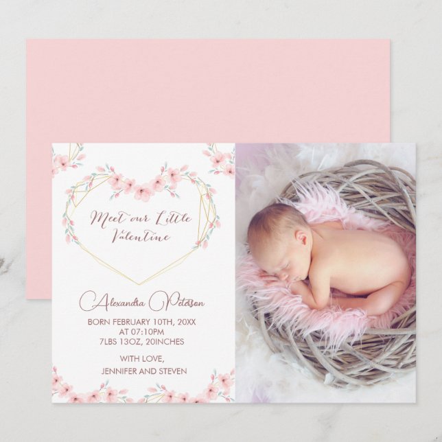 Valentines birth announcement card Elegant white (Front/Back)