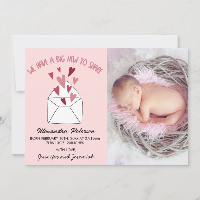 Valentines birth announcement card envelope hearts (Front)