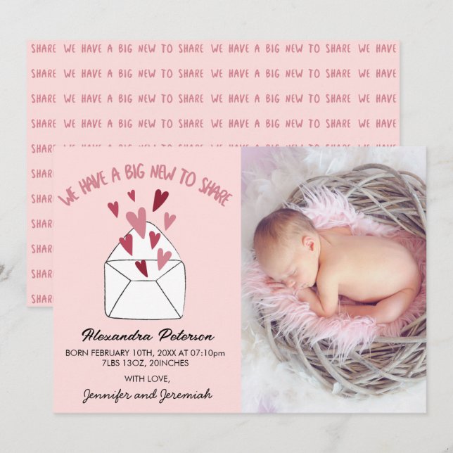 Valentines birth announcement card envelope hearts (Front/Back)