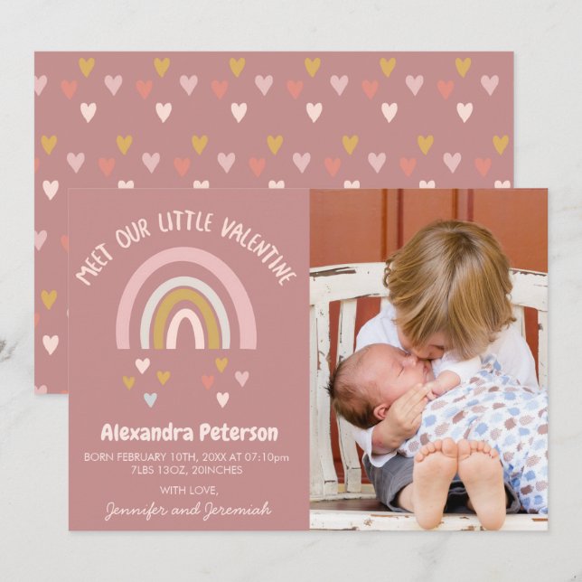 Valentines birth announcement card rainbow hearts (Front/Back)