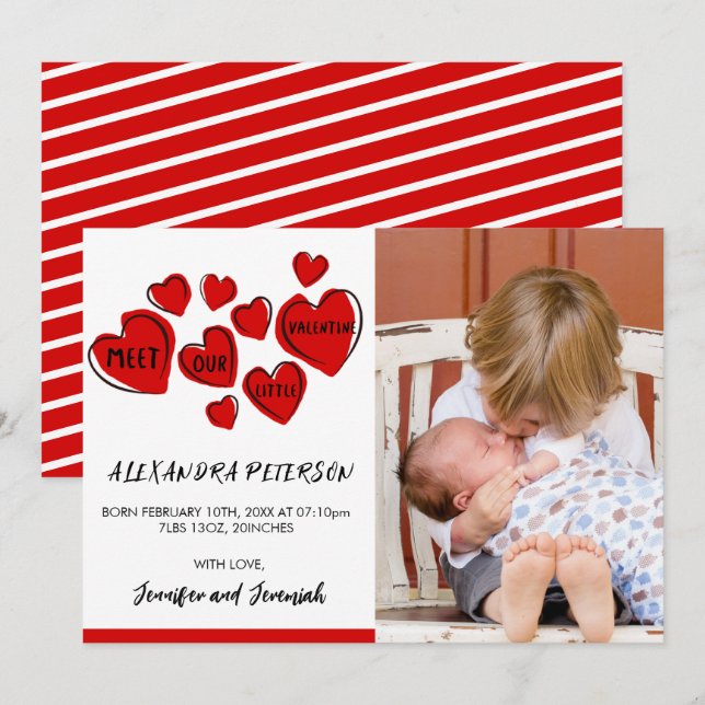 Valentines birth announcement card red sweet heart (Front/Back)