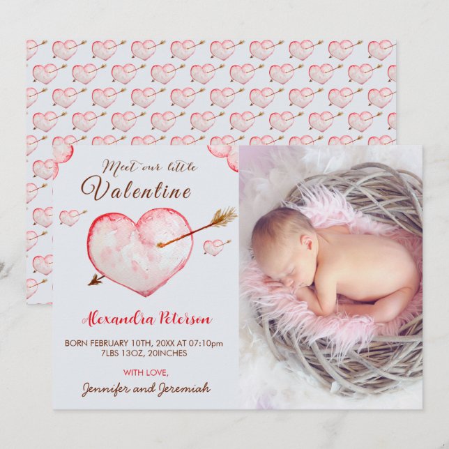 Valentines birth announcement cards heart arrow (Front/Back)