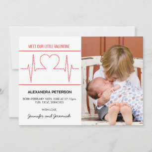 Valentines birth announcement heart beat red white