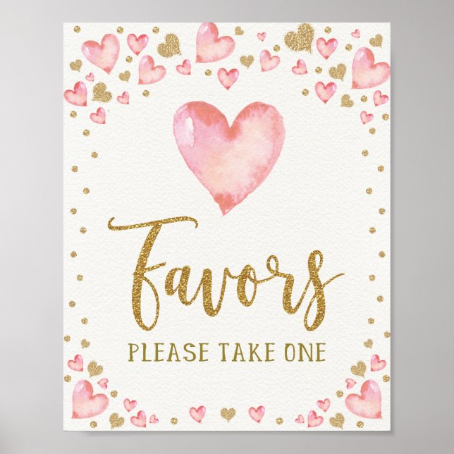 Valentines Birthday Favors Pink Gold Hearts Shower Poster (Front)