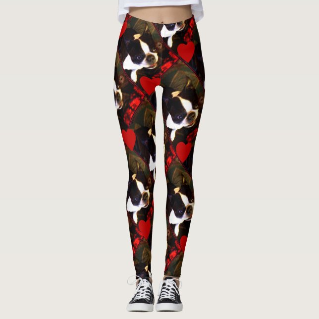 Valentine's Boston Terrier dog art leggings (Front)