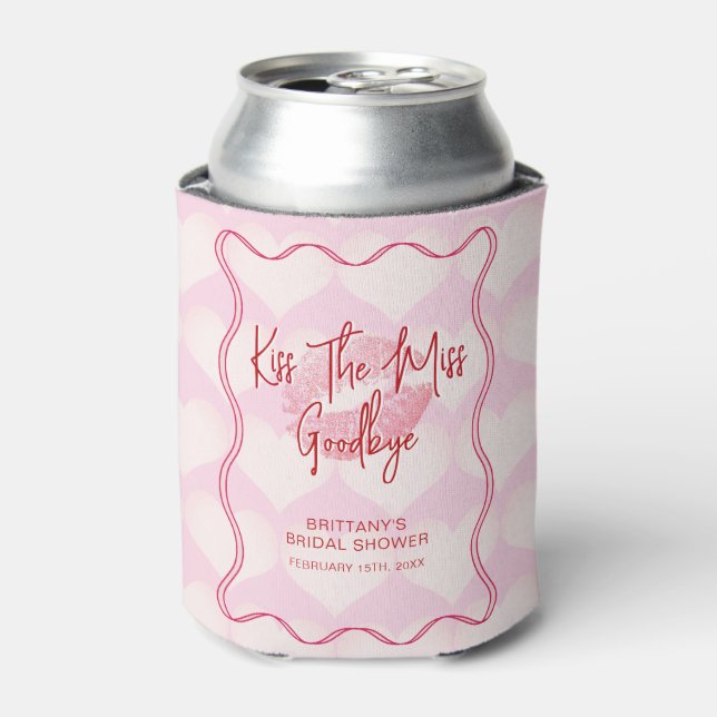 Valentines Bridal Shower Squiggly Border Pink Can Cooler (Can Front)
