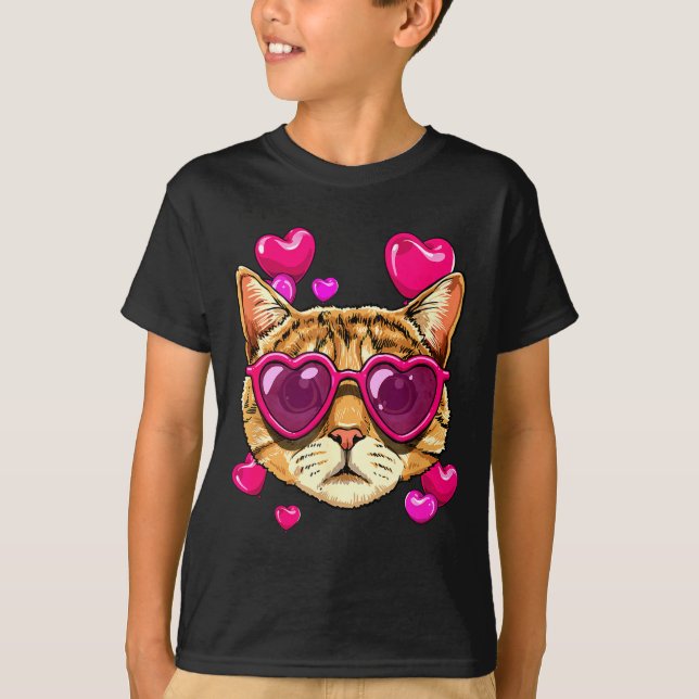 Valentines Ca Kitten Wearing Sungl Heart Cat Lover T-Shirt (Front)