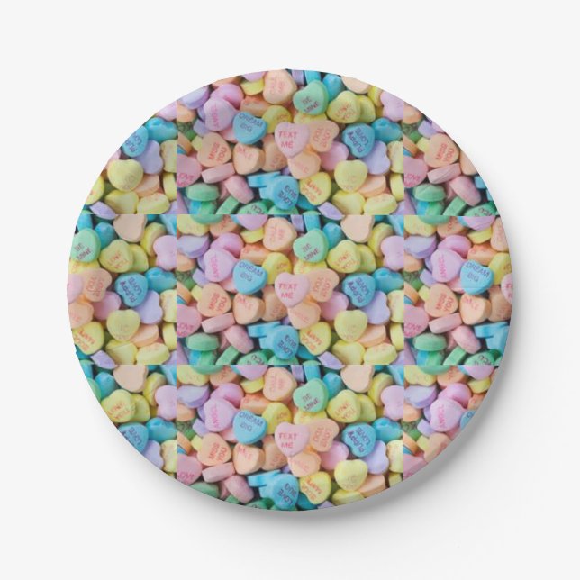 Valentine's candy conversation hearts paper plates (Front)