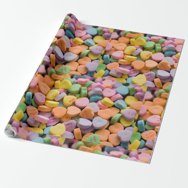 VALENTINE'S CANDY HEARTS WITH ROMANTIC SAYINGS WRAPPING PAPER (Unrolled)