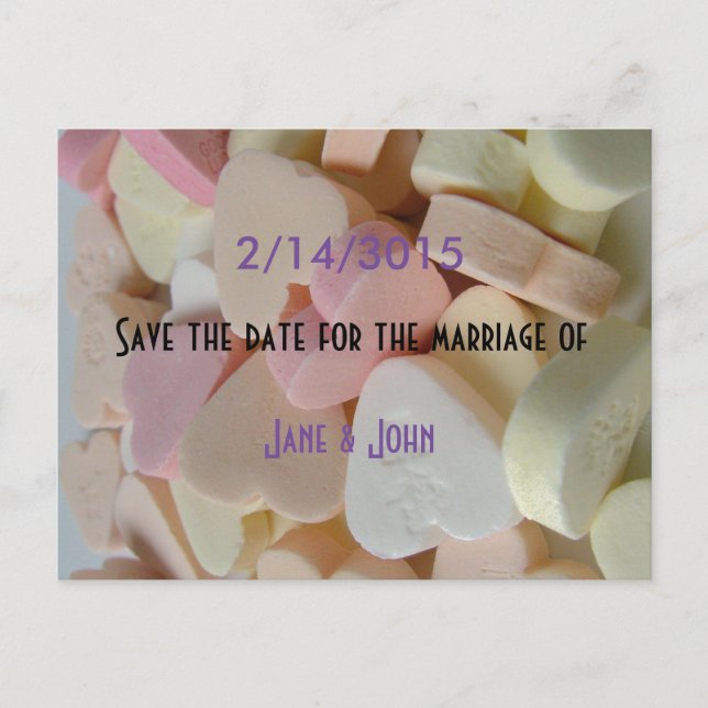 valentine's candy wedding save the date postcards (Front)