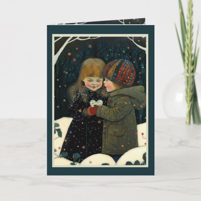 Valentine's card winter night boy and girl (Front)