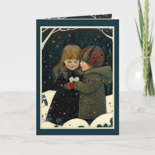 Valentines card winter night boy and girl